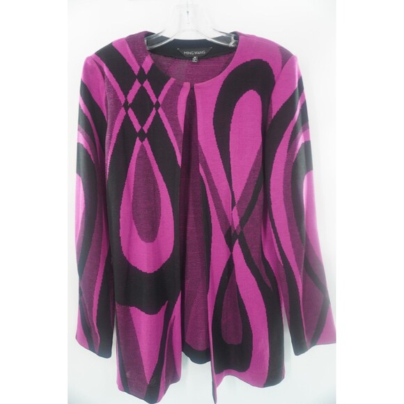 Ming Wang Fuchsia Black Wave Abstract Geometric Heavy Knit Cardigan Sweater Sz M - Picture 1 of 12